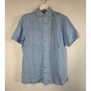Joseph Abboud Mens Blue Striped Short Sleeve 100% Linen Button-Up Shirt Medium